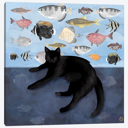 The Black Cat Watching The Fish Tank Canvas Print #AEE23} by Andreea Dumez Canvas Wall Art