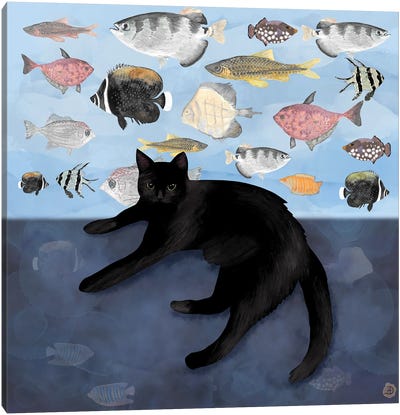 The Black Cat Watching The Fish Tank Canvas Art Print - Andreea Dumez