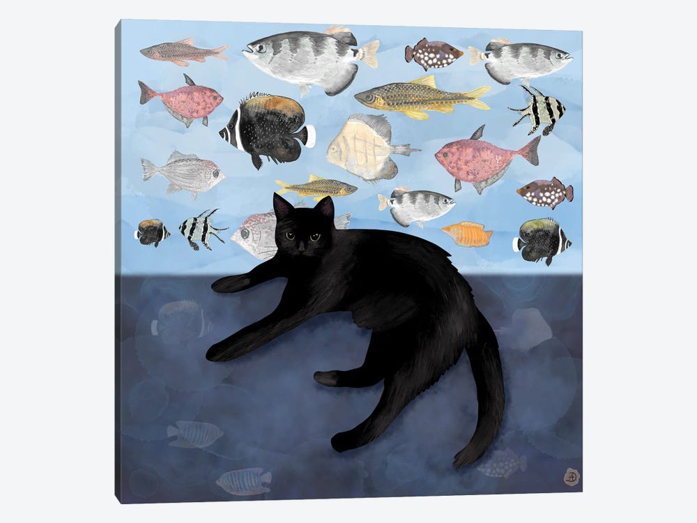 The Black Cat Watching The Fish Tank by Andreea Dumez 1-piece Art Print