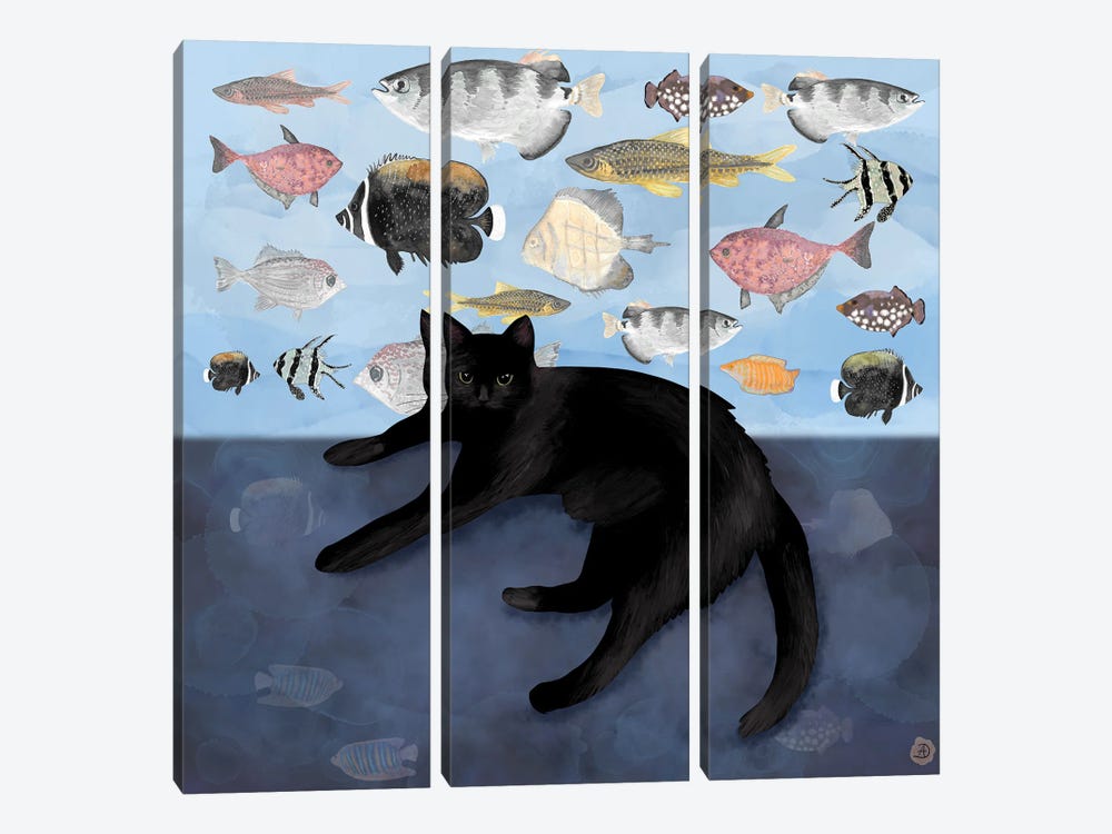 The Black Cat Watching The Fish Tank by Andreea Dumez 3-piece Canvas Print