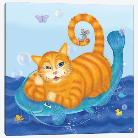 Orange Tabby Cat And Blue Catfish Canvas Print #AEE32} by Andreea Dumez Canvas Art Print