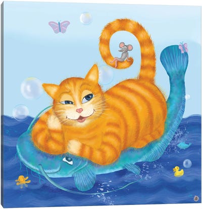 Orange Tabby Cat And Blue Catfish Canvas Art Print - Andreea Dumez