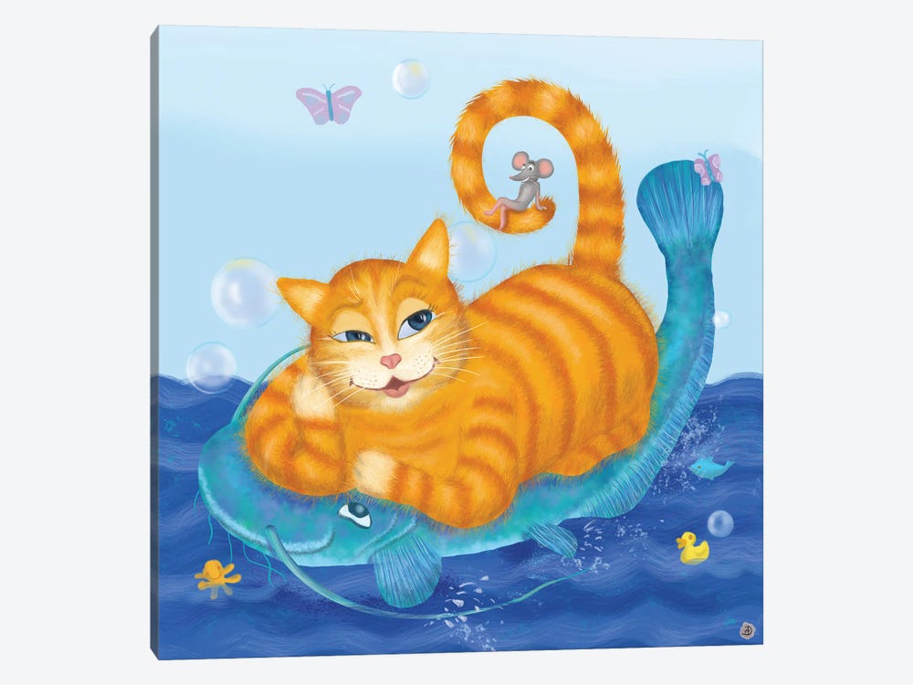 Orange Tabby Cat And Blue Catfish by Andreea Dumez 1-piece Canvas Print