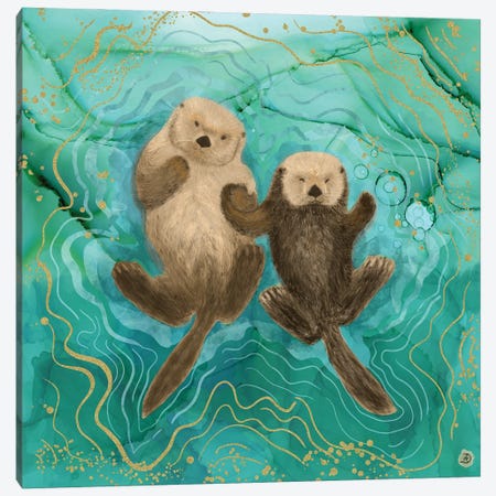 Otters Holding Paws, Floating In Emerald Waters Canvas Print #AEE33} by Andreea Dumez Art Print