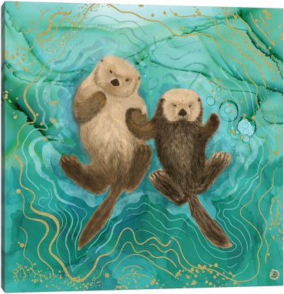 Otters Holding Paws, Floating In Emerald Waters Canvas Art Print