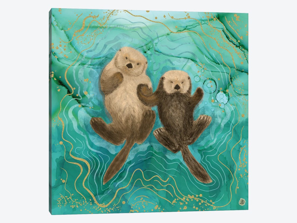 Otters Holding Paws, Floating In Emerald Waters 1-piece Canvas Artwork