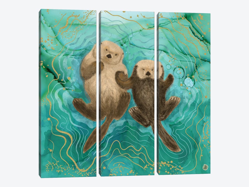 Otters Holding Paws, Floating In Emerald Waters by Andreea Dumez 3-piece Canvas Art