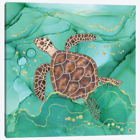 Precious Hawksbill Turtle Swimming In The Emerald Ocean Canvas Print #AEE36} by Andreea Dumez Canvas Wall Art