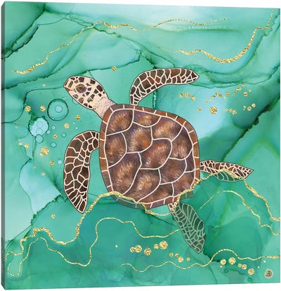 Precious Hawksbill Turtle Swimming In The Emerald Ocean Canvas Art Print - Andreea Dumez