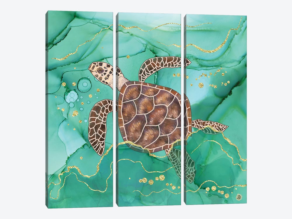 Precious Hawksbill Turtle Swimming In The Emerald Ocean by Andreea Dumez 3-piece Canvas Art Print