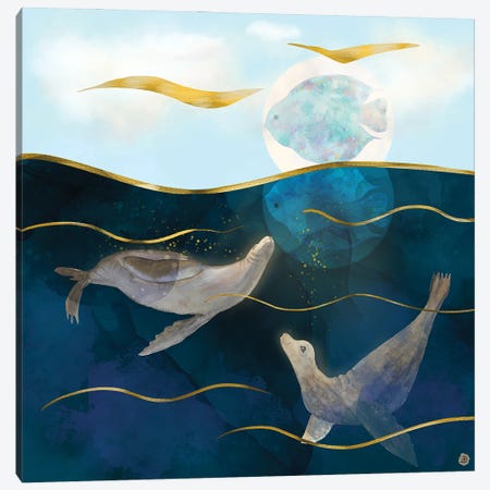 Sea Lions Playing With The Moon - Underwater Dreams Canvas Print #AEE39} by Andreea Dumez Canvas Print