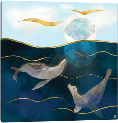 Sea Lions Playing With The Moon - Underwater Dreams Canvas Art Print - Wildlife Conservation Art