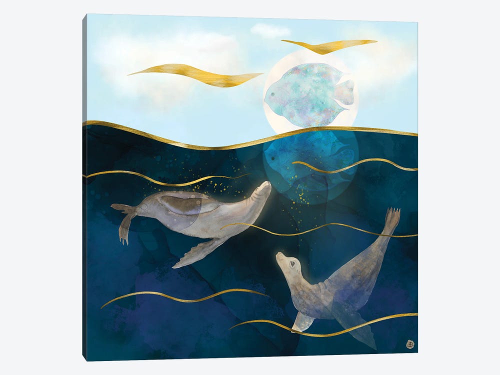 Sea Lions Playing With The Moon - Underwater Dreams by Andreea Dumez 1-piece Canvas Artwork