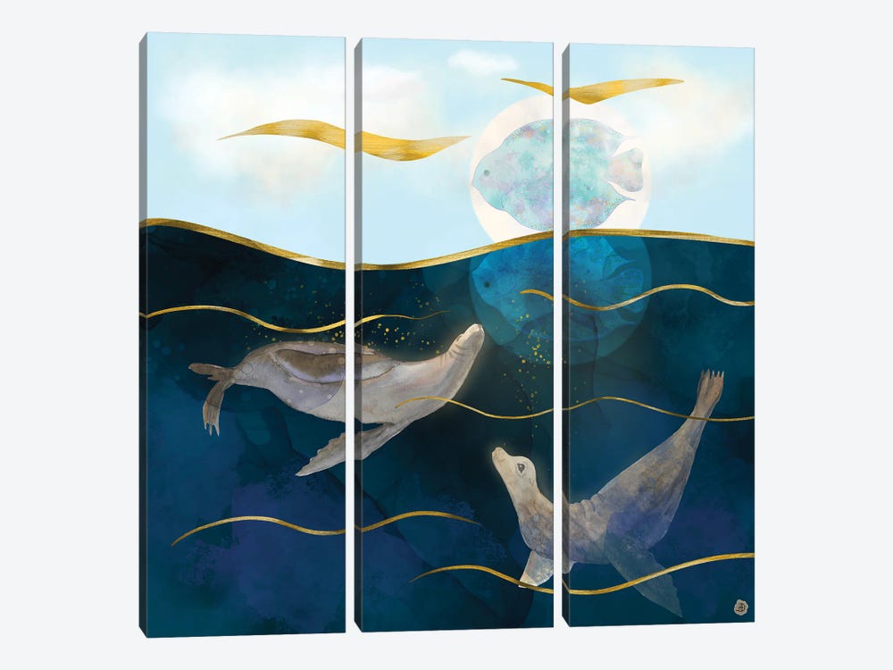Sea Lions Playing With The Moon - Underwater Dreams by Andreea Dumez 3-piece Canvas Art