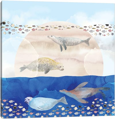 Seals, Sand, Ocean - Surrealist Dreams Canvas Art Print - Wildlife Conservation Art