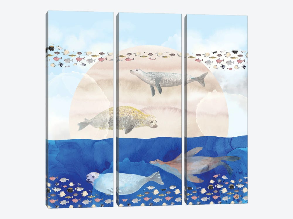 Seals, Sand, Ocean - Surrealist Dreams by Andreea Dumez 3-piece Canvas Print