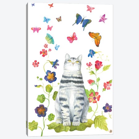 Tabby Cat With Flowers And Butterflies Canvas Print #AEE47} by Andreea Dumez Canvas Art Print