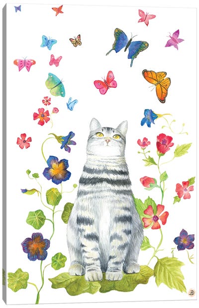 Tabby Cat With Flowers And Butterflies Canvas Art Print