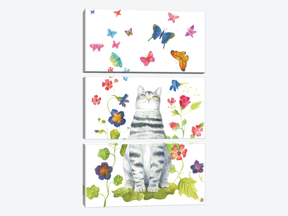 Tabby Cat With Flowers And Butterflies by Andreea Dumez 3-piece Canvas Art Print