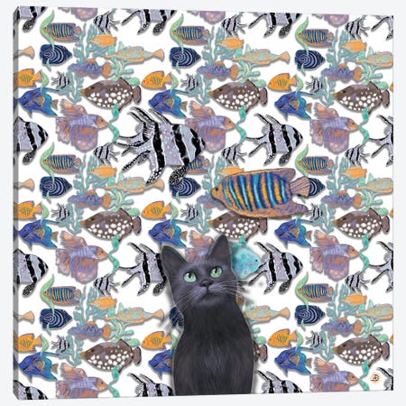 A Black Cat Looking At An Exotic Fish Tank Canvas Print #AEE4} by Andreea Dumez Art Print