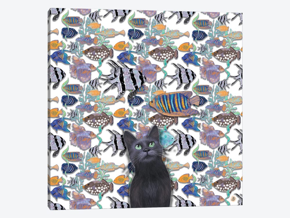A Black Cat Looking At An Exotic Fish Tank by Andreea Dumez 1-piece Canvas Wall Art