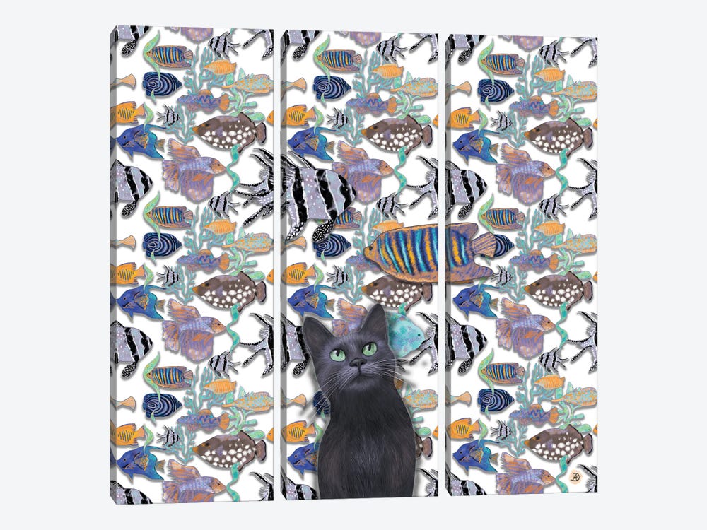 A Black Cat Looking At An Exotic Fish Tank by Andreea Dumez 3-piece Canvas Wall Art