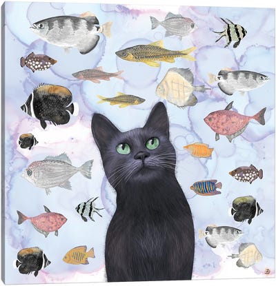 The Hungry Black Cat Gazing At A Fish Tank Canvas Art Print - Alcohol Ink Art