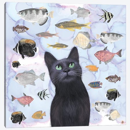 The Hungry Black Cat Gazing At A Fish Tank Canvas Print #AEE51} by Andreea Dumez Art Print