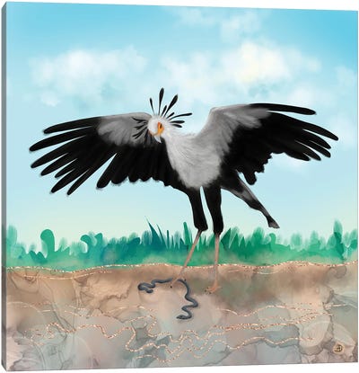 The Secretary Bird And The Snake - African Wildlife Creatures Canvas Art Print - Alcohol Ink Art