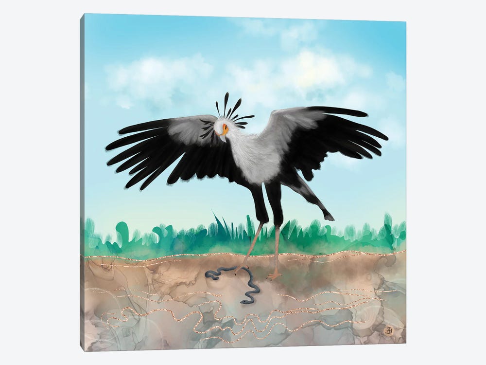 The Secretary Bird And The Snake - African Wildlife Creatures by Andreea Dumez 1-piece Canvas Art