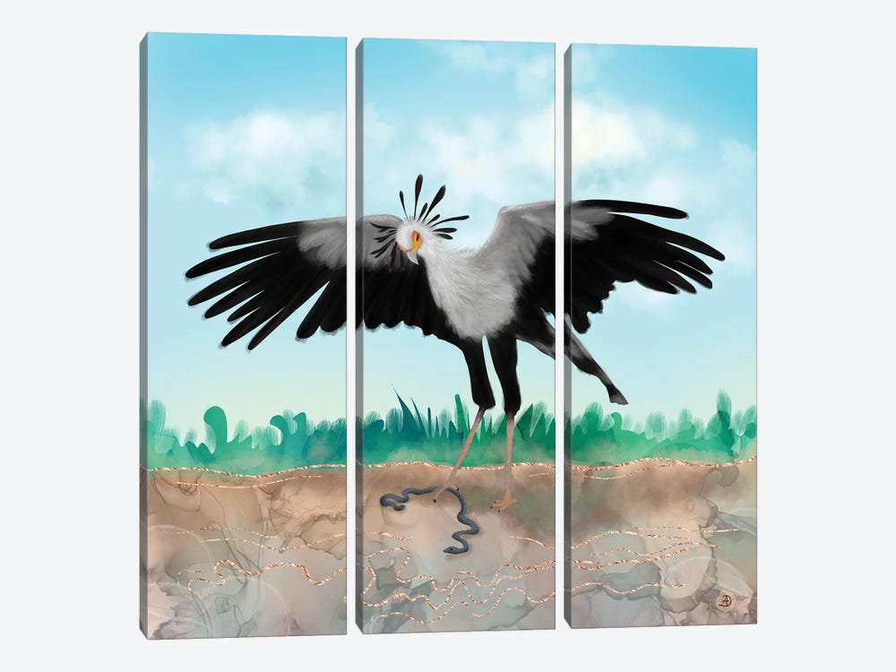 The Secretary Bird And The Snake - African Wildlife Creatures by Andreea Dumez 3-piece Canvas Artwork