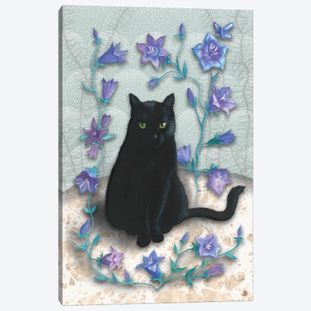 Black Cat With Bellflowers I Canvas Print #AEE5} by Andreea Dumez Canvas Art Print