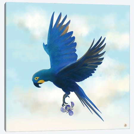 Lear's Macaw Bird Flying With An Orchid Flower Canvas Print #AEE62} by Andreea Dumez Canvas Wall Art