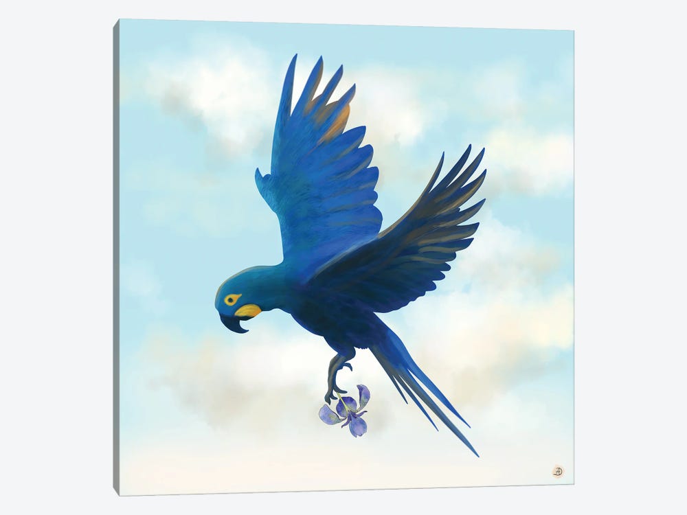 Lear's Macaw Bird Flying With An Orchid Flower by Andreea Dumez 1-piece Canvas Wall Art