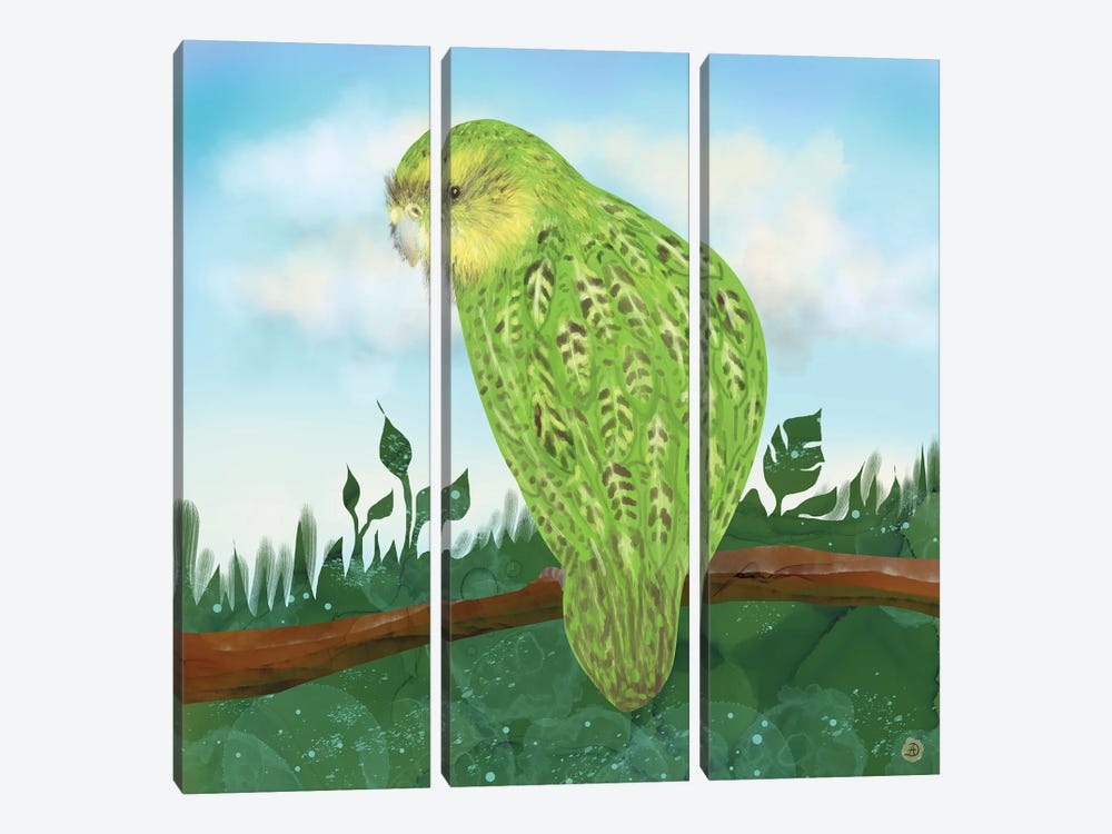 Kakapo Exotic Bird On A Branch by Andreea Dumez 3-piece Canvas Print