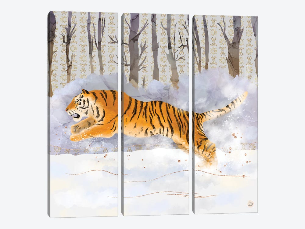 Siberian Tiger Running In The Snow by Andreea Dumez 3-piece Canvas Print
