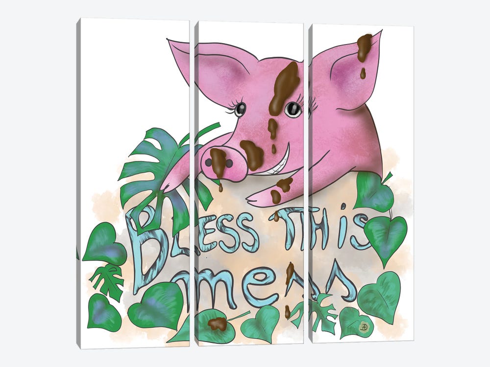 Bless This Mess - Muddy Pig by Andreea Dumez 3-piece Canvas Art Print