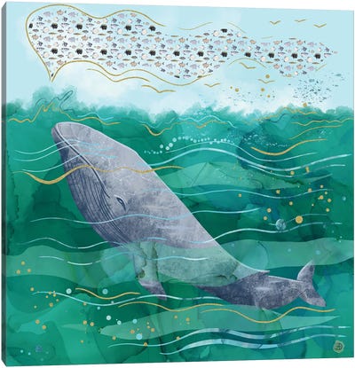 Blue Whale Song In The Emerald Ocean Canvas Art Print - Andreea Dumez