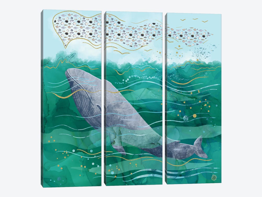 Blue Whale Song In The Emerald Ocean by Andreea Dumez 3-piece Canvas Wall Art