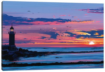 Guiding Light Canvas Art Print - Lake & Ocean Sunrise & Sunset Art