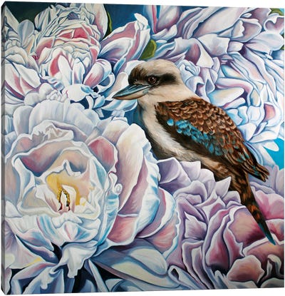 Peonies And The Kookaburra Canvas Art Print - Kingfishers