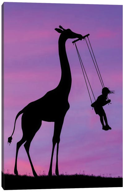 Giraffe And Swing Canvas Art Print - Sunset Shades