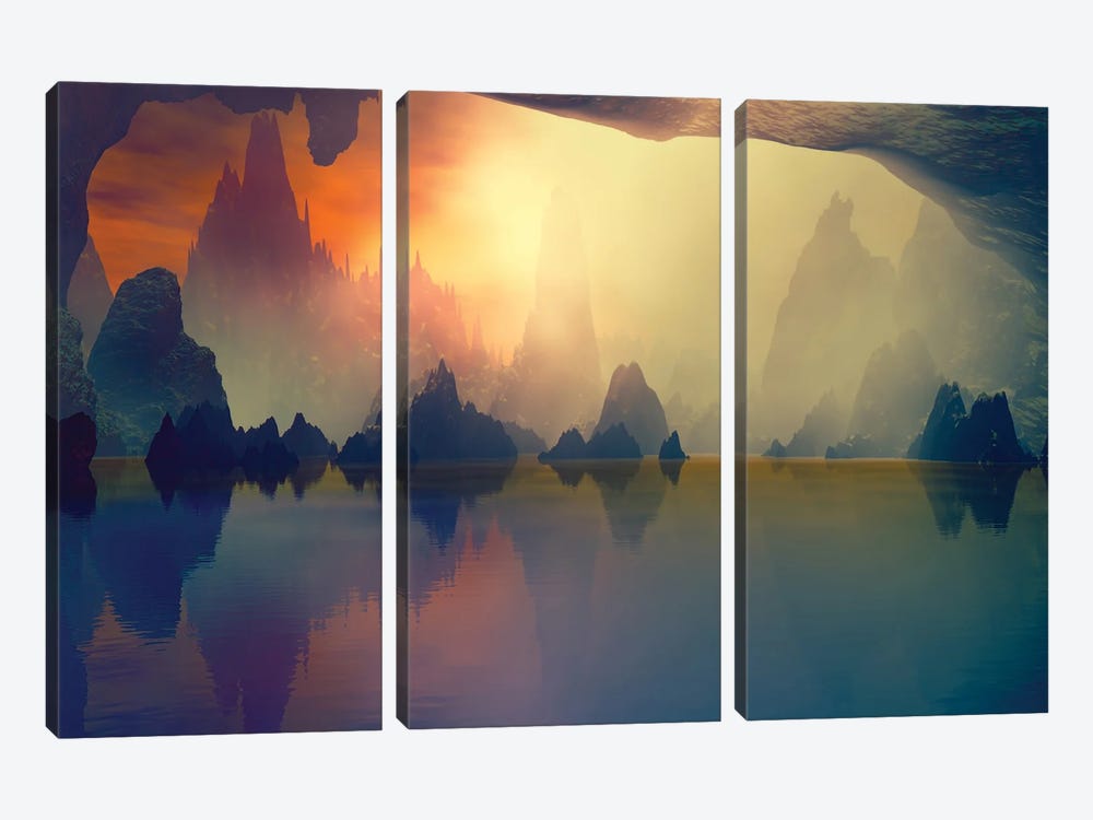Cave And The Lake by Angel Estevez 3-piece Canvas Print