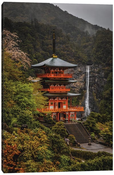 Japan Forest Temple With Waterfall II Canvas Art Print - Pagodas