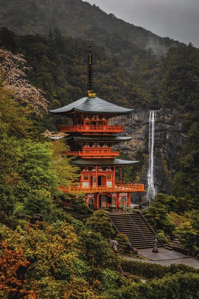 Pagodas: Japan Forest Temple With Waterfall II by Alex G Perez