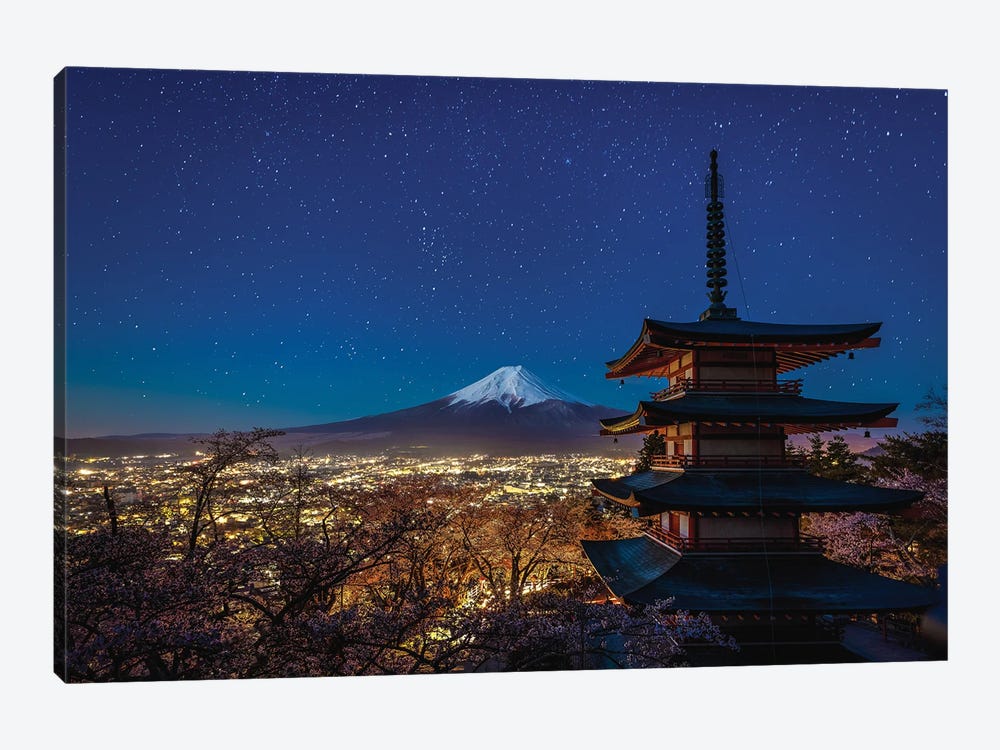 Japan Mt Fuji Starry Night With Temple by Alex G Perez 1-piece Canvas Artwork