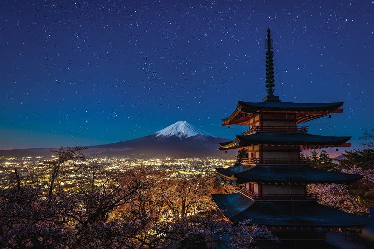 Japan Mt Fuji Starry Night With Temple