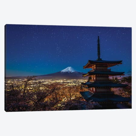 Japan Mt Fuji Starry Night With Temple Canvas Print #AGP104} by Alex G Perez Canvas Art Print