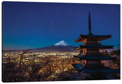 Japan Mt Fuji Starry Night With Temple Canvas Art Print - Pagodas
