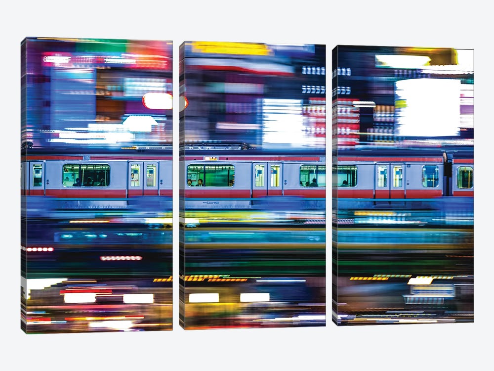 Japan Shibuya Train Rush Hour Neon Lights I by Alex G Perez 3-piece Canvas Art